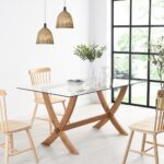 160 cm Rectangular Glass Top Dining Table with Solid Oak Legs