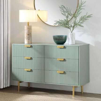 Ridged Wide Chest of 6 Drawers – Matte Sage Green