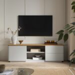 Curved Edge 150cm TV Unit – Dove Grey Base with Oak Top