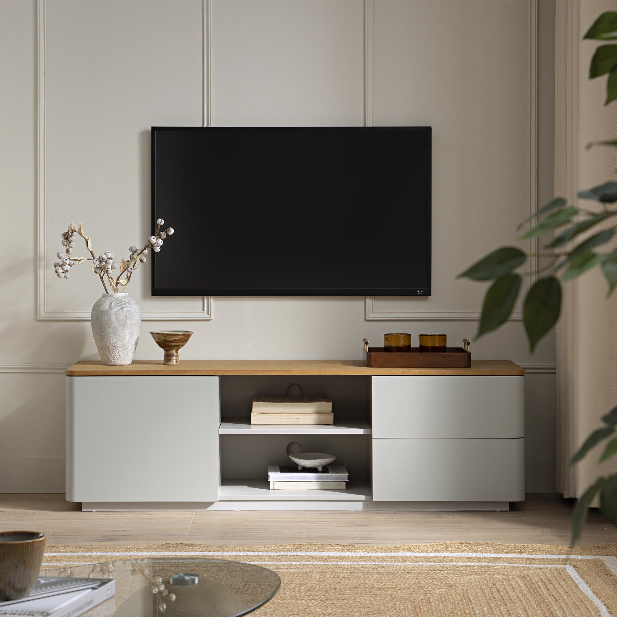 BSD-118-DOVEGREY_main Curved Edge 150cm TV Unit – Dove Grey Base with Oak Top - Image 1