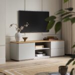 Curved Edge 150cm TV Unit – Dove Grey Base with Oak Top - Image 2