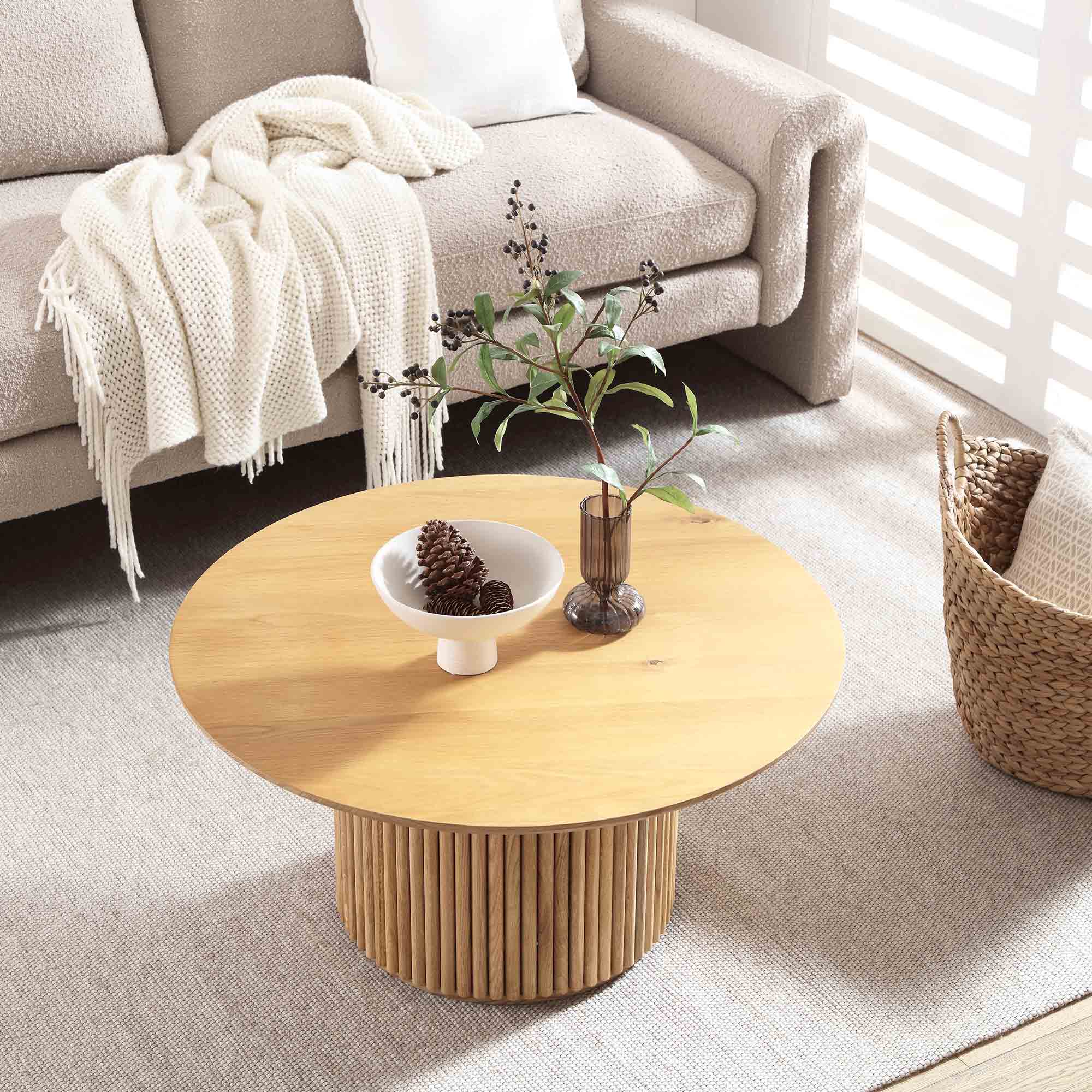 BSD-138-OAK_scene1 Round Oak Pedestal Coffee Table - Image 1