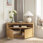Curved Edge Corner TV Unit – Natural Wood Finish - Image 2