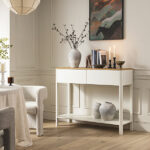 Curved Edge 2-Drawer Console Table in Off-White with Oak Top - Image 10