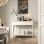 Curved Edge 2-Drawer Console Table in Off-White with Oak Top