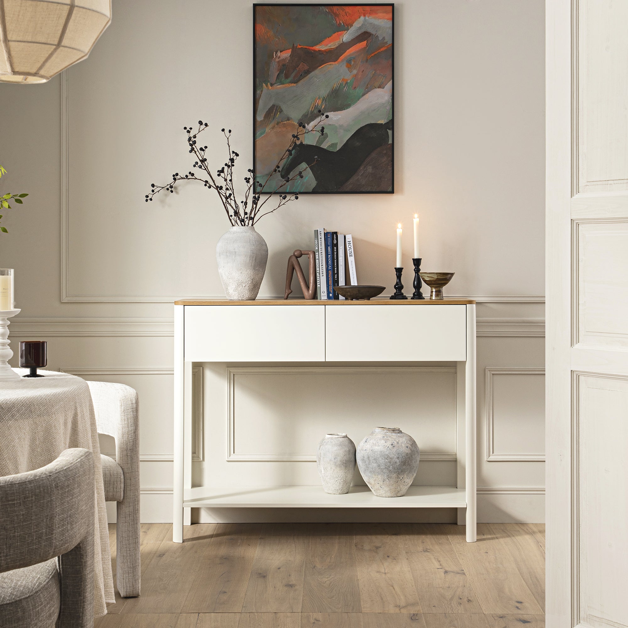 BSD-152-WHITE_scene1 Curved Edge 2-Drawer Console Table in Off-White with Oak Top - Image 1