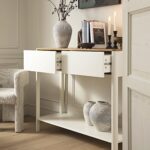 Curved Edge 2-Drawer Console Table in Off-White with Oak Top - Image 9