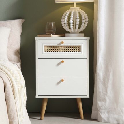 White Rattan 3-Drawer Bedside Table