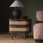 Walnut Curved Rattan 2-Drawer Bedside Table