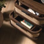 Walnut Curved Rattan 2-Drawer Bedside Table - Image 11