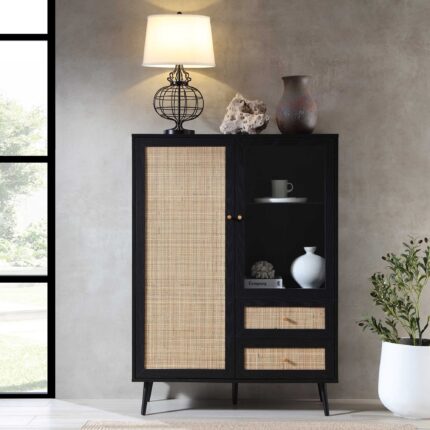 Rattan Bar Cabinet in Black Finish