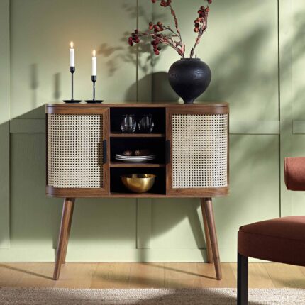 Curved Rattan 2-Door Buffet Sideboard – Rich Walnut Finish