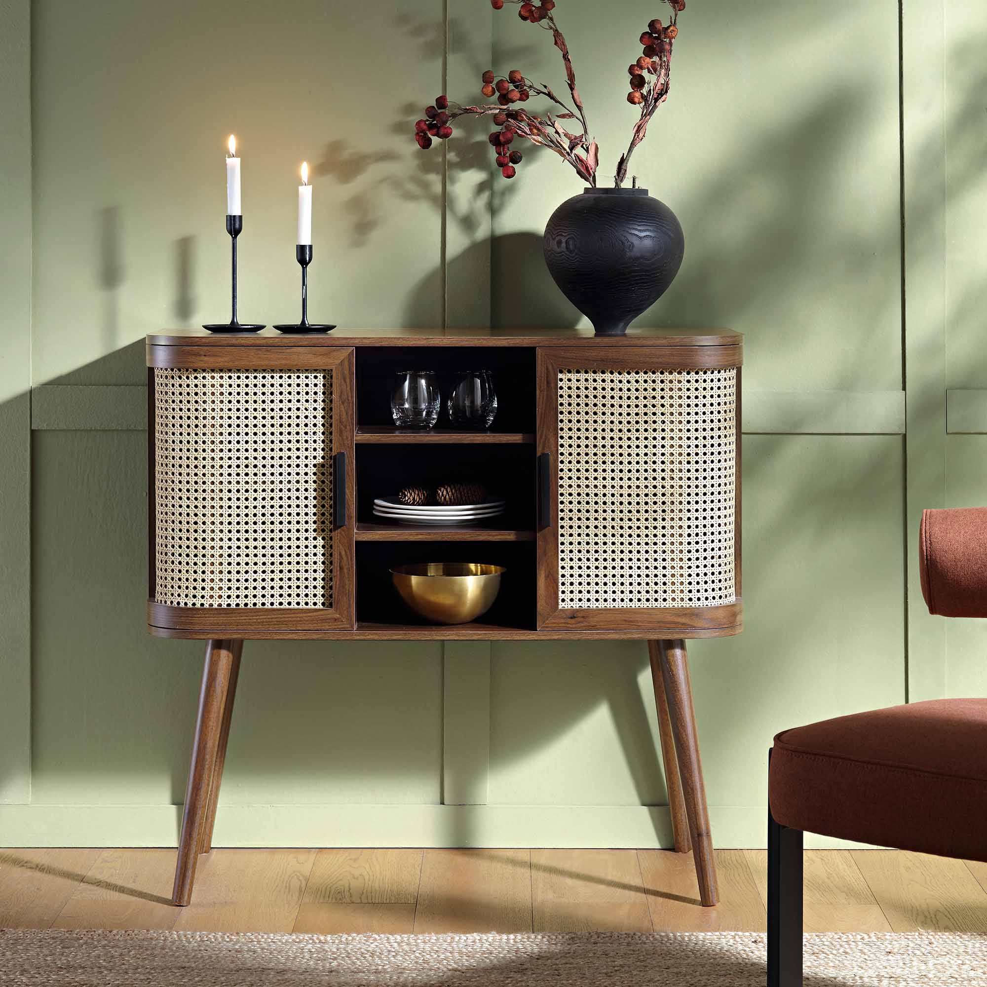 FT-CAB-04-WALN_main Curved Rattan 2-Door Buffet Sideboard – Rich Walnut Finish - Image 1