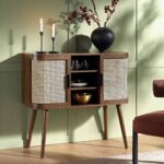 Curved Rattan 2-Door Buffet Sideboard in Walnut Finish