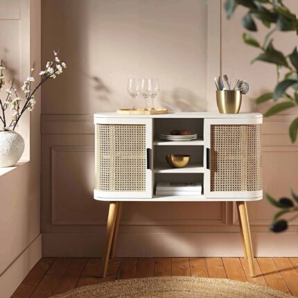 Curved Rattan 2-Door Buffet Sideboard in White Finish
