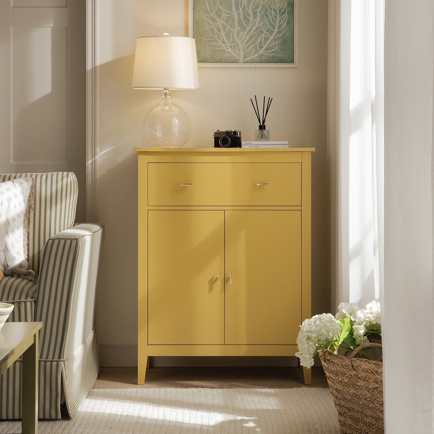 FT-CAB-06-SAFYEL_main Small Sideboard with Drawer – Yellow Rattan Accent - Image 1