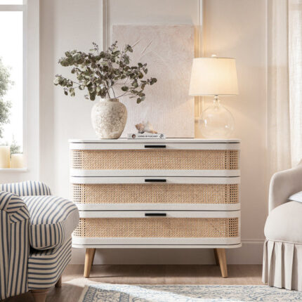 Curved Rattan Chest of 3 Drawers – White