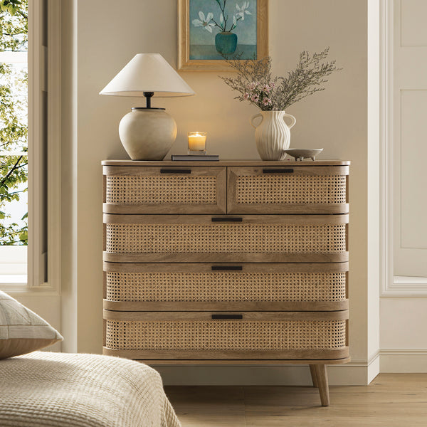 FT-COD-06-NAT_main Curved Rattan Chest of 5 Drawers – Natural - Image 1