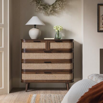 Curved Rattan Chest of 5 Drawers – Walnut