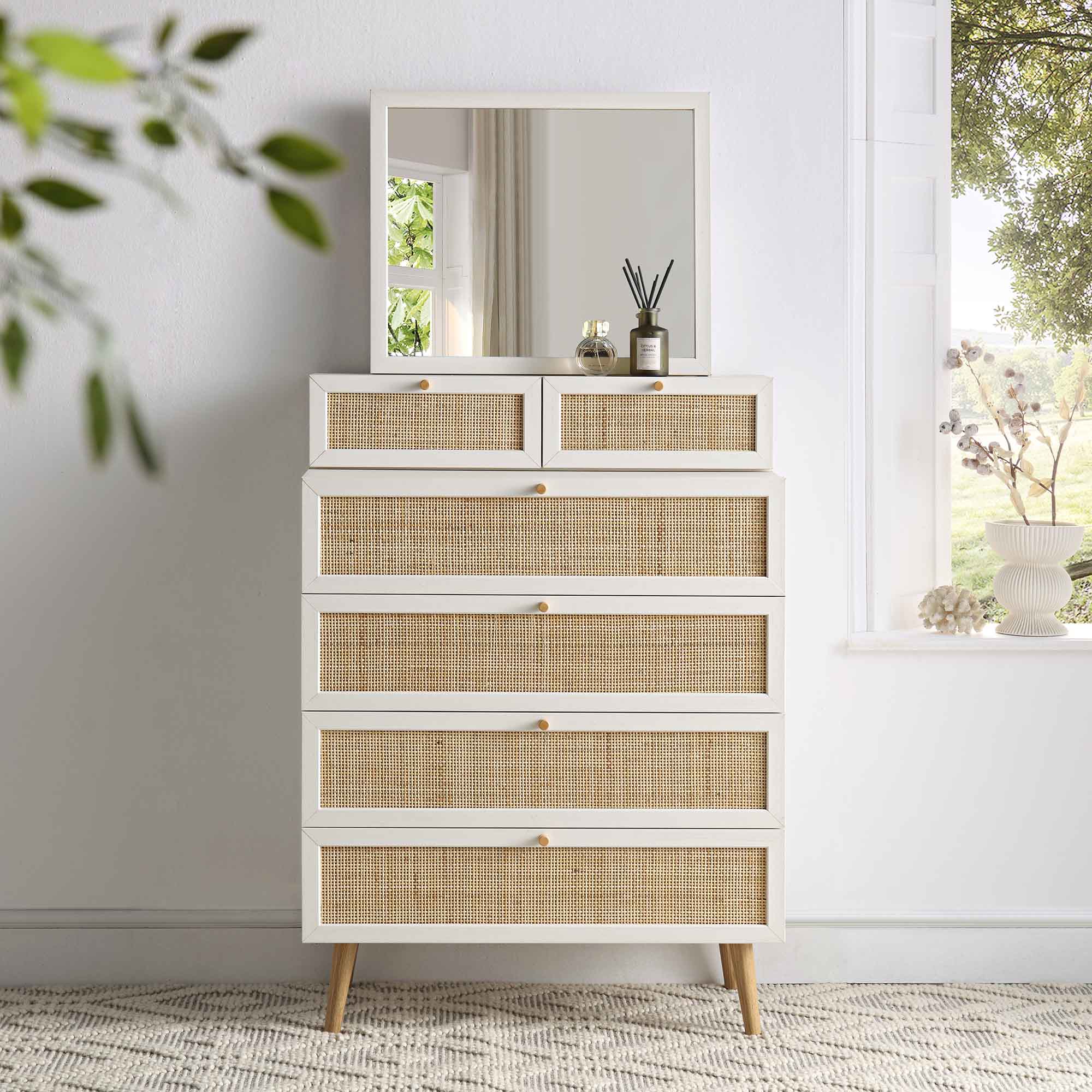 FT-COD-MIRR-04-WHITE_scene1 Rattan Tall Vanity Chest with Mirror – White - Image 1