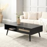Black Rattan Wooden Coffee Table – Handcrafted Cane & Solid Wood Centre Table for Living Room
