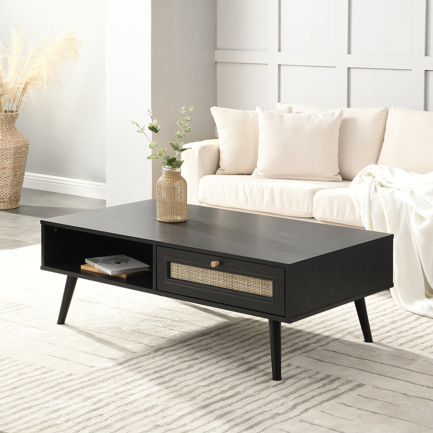 FT-CT-001-BLACK_main Black Rattan Wooden Coffee Table – Handcrafted Cane & Solid Wood Centre Table for Living Room - Image 1