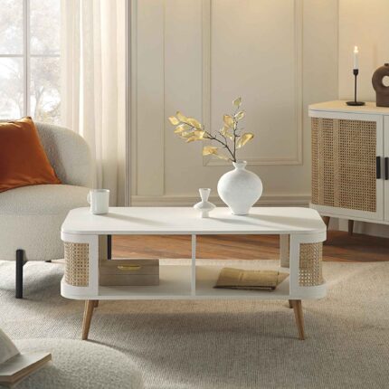 White Curved Rattan Coffee Table – Handwoven Cane Centre Table