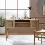 Rattan 2-Door Wooden Desk – Spacious Study & Work Table with Storage