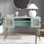 Rattan 2-Door Wooden Desk – Modern Study & Work Table with Spacious Storage