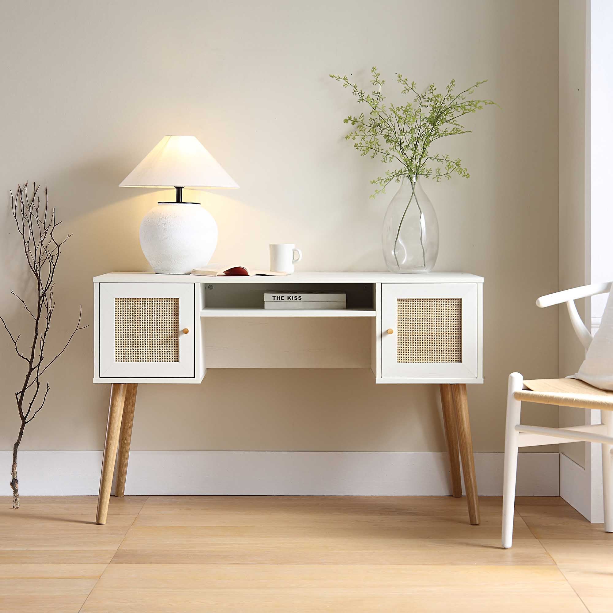 FT-DSK-01-WHITE_scene1 Rattan 2-Door Wooden Desk – Stylish Study & Work Table with Spacious Storage - Image 1