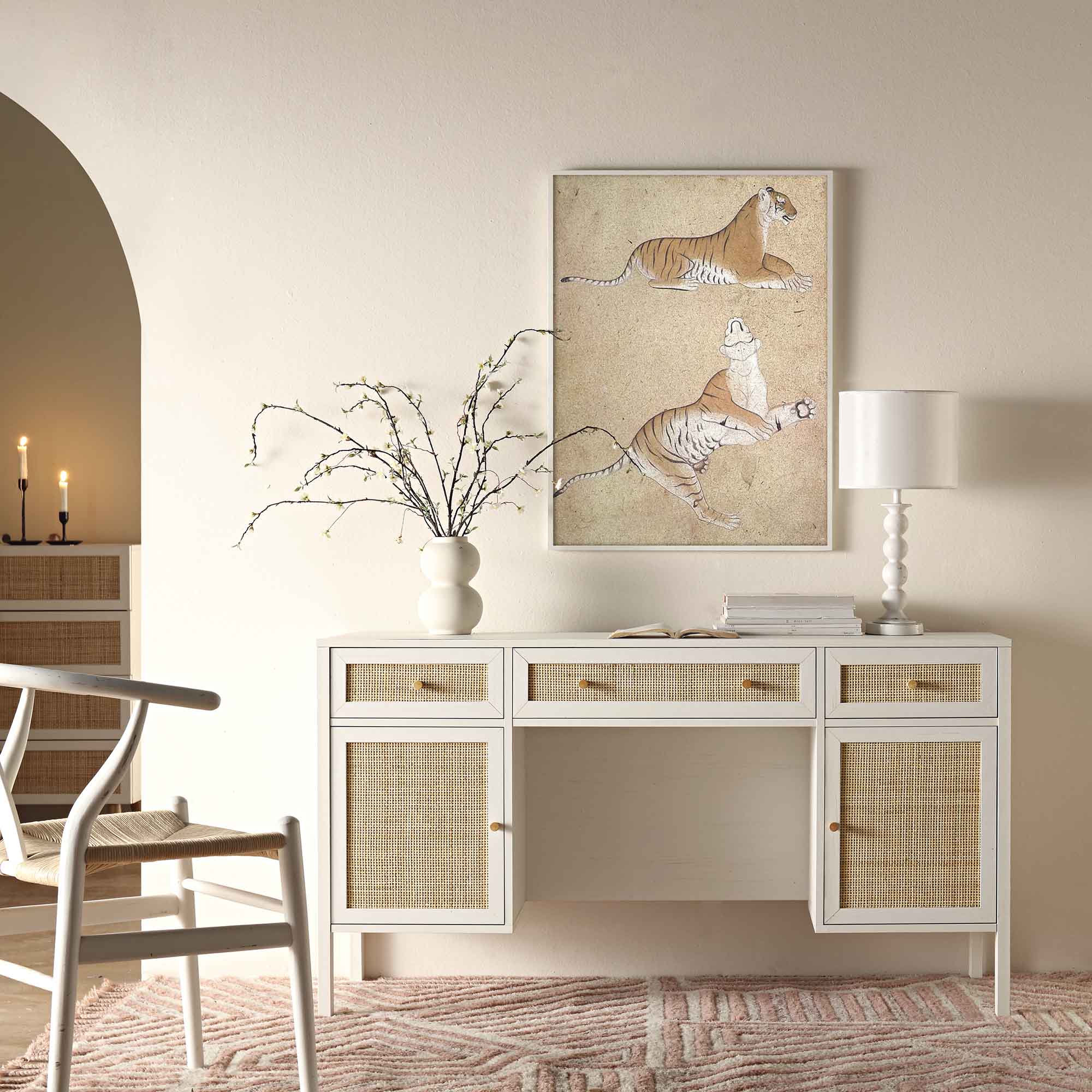 FT-DSK-02-WHITE_scene1 White Rattan 3-Drawer Wooden Desk – Premium Study & Work Table with Storage - Image 1