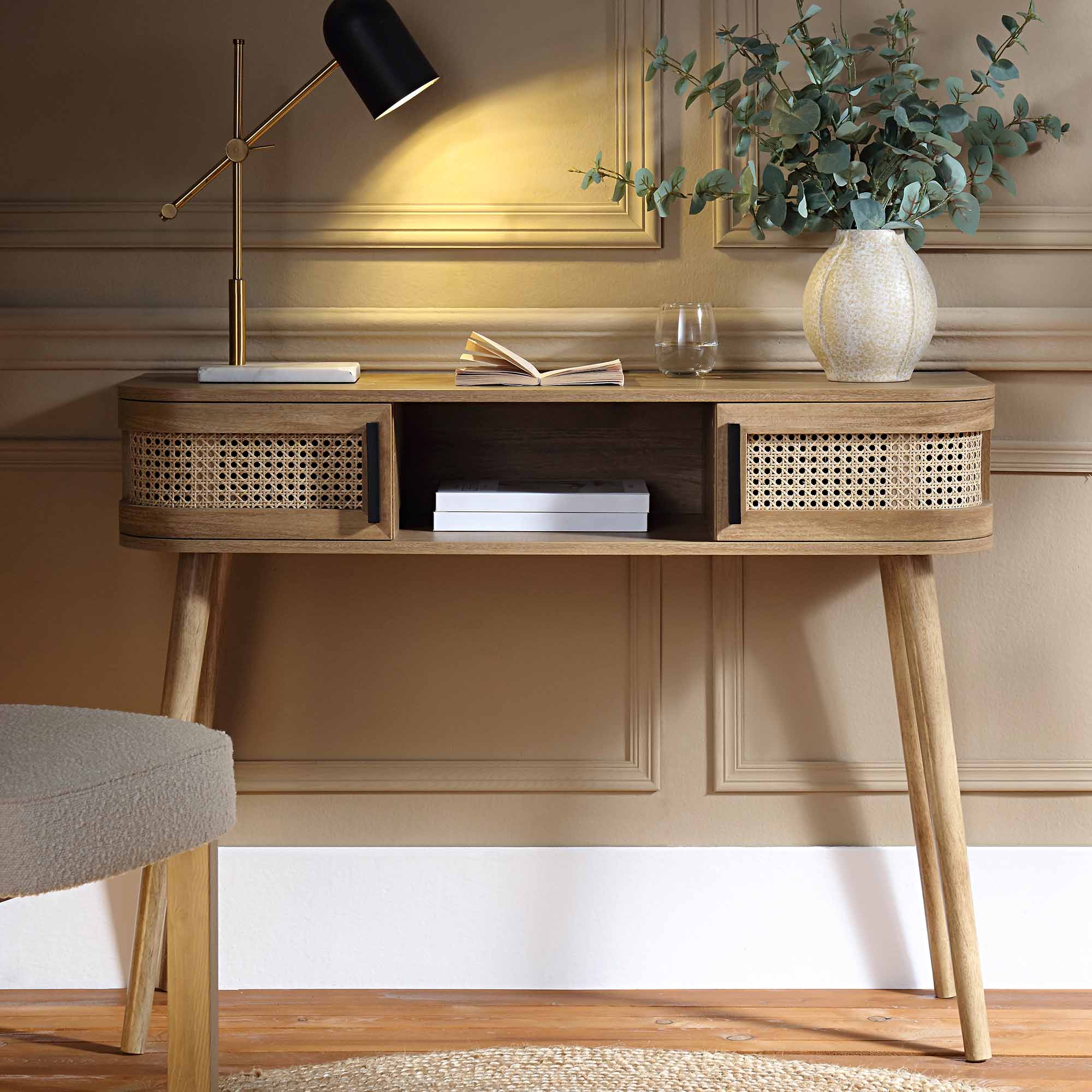 FT-DSK-03-NAT_scene1 Curved Rattan 2-Door Console Table in Natural Finish - Image 1