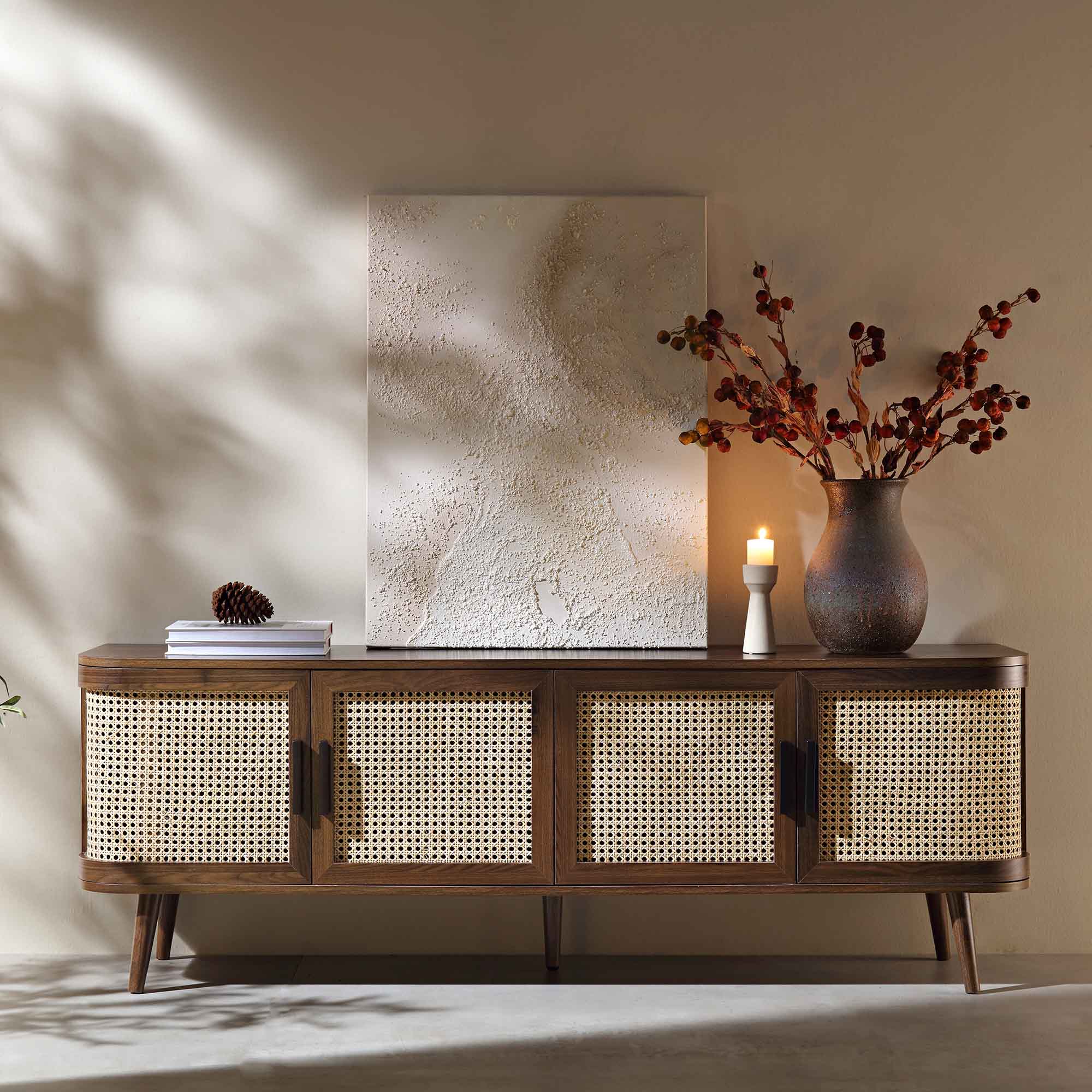 FT-LGTV-04-WALN_scene1 Rattan 160cm Wide TV Unit – Walnut Finish - Image 1