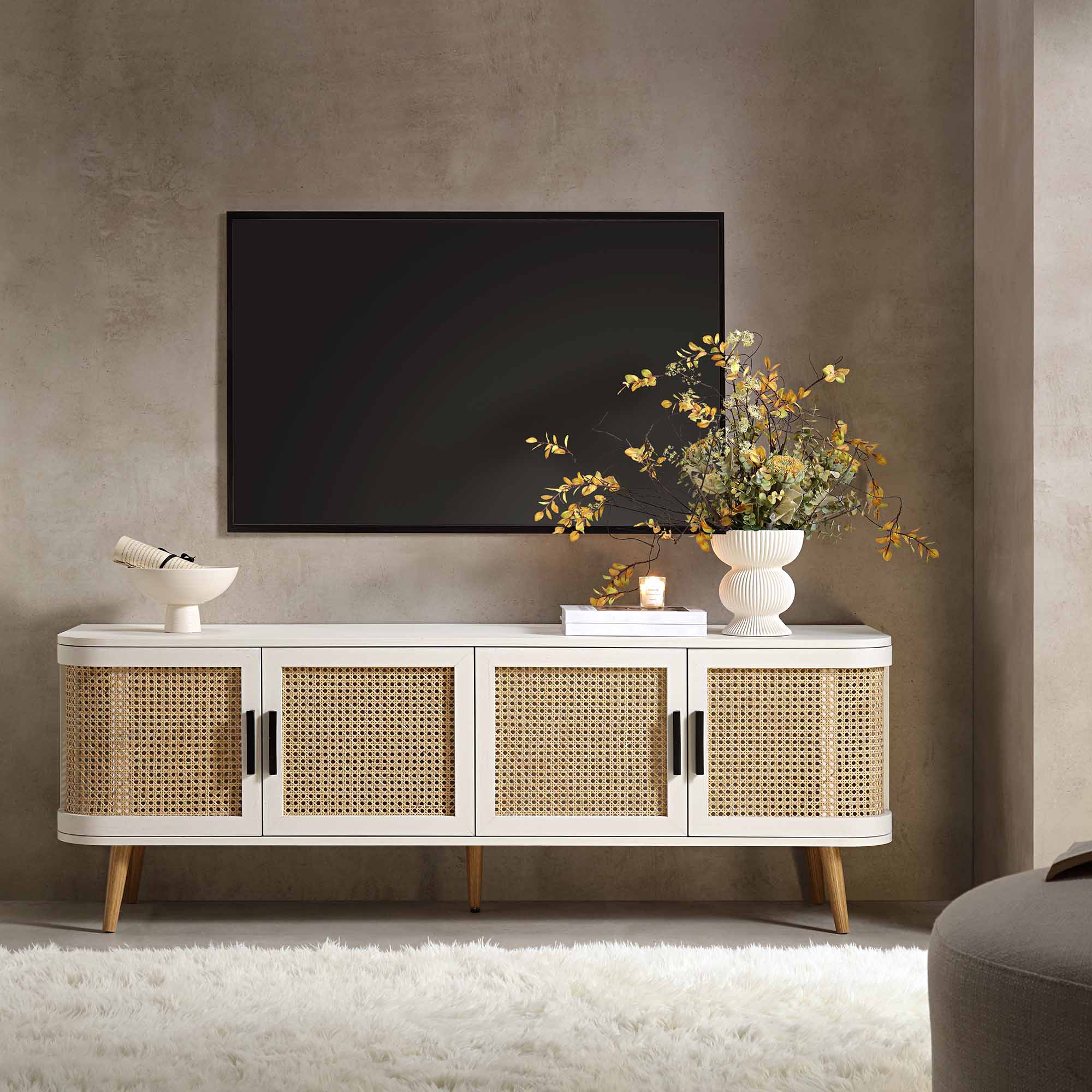 FT-LGTV-04-WHITE_main Curved Rattan 160cm Wide TV Unit – Elegant White Finish - Image 1
