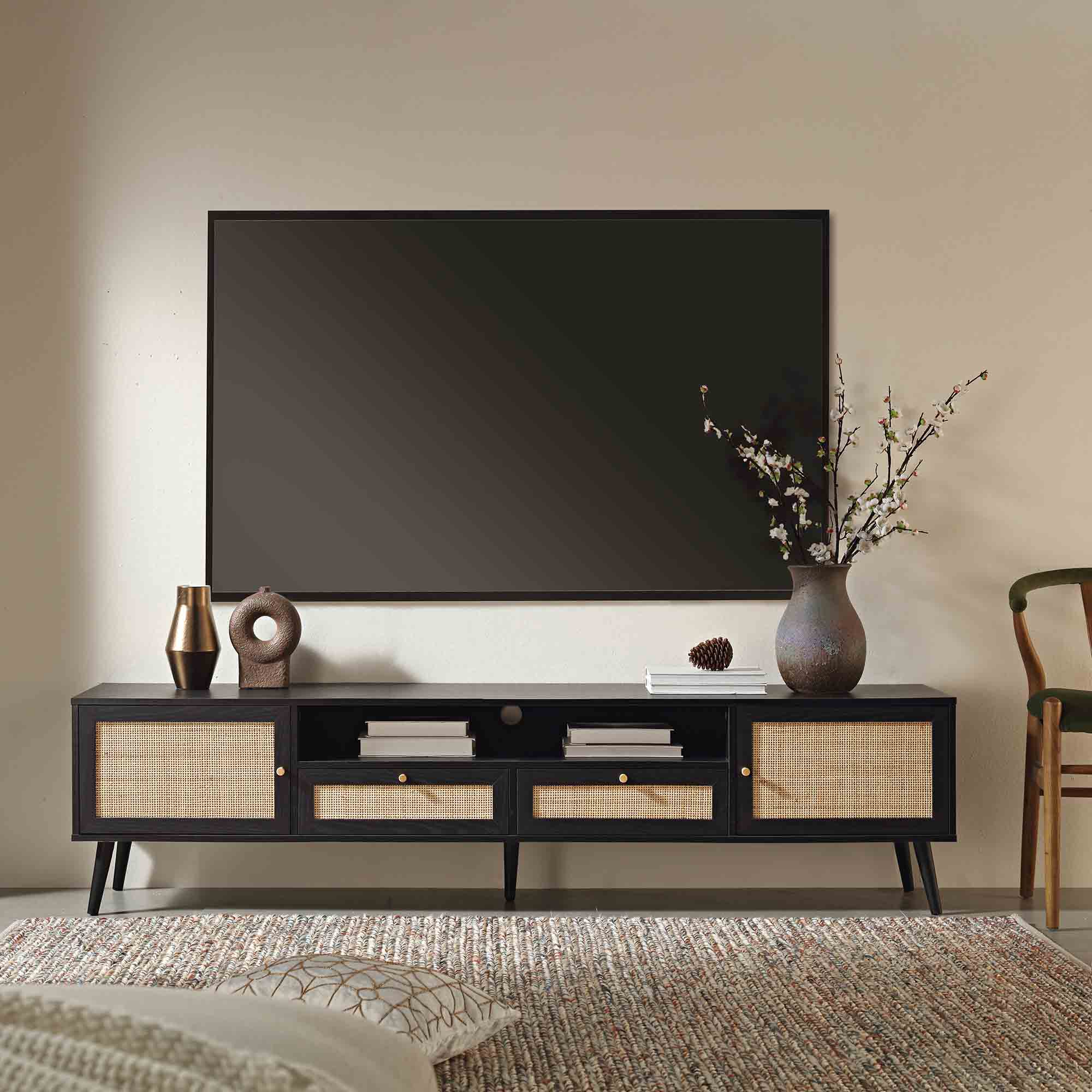 FT-LGTV-06-BLACK_scene1 Rattan 200cm Wide TV Unit – Matte Black Finish - Image 1