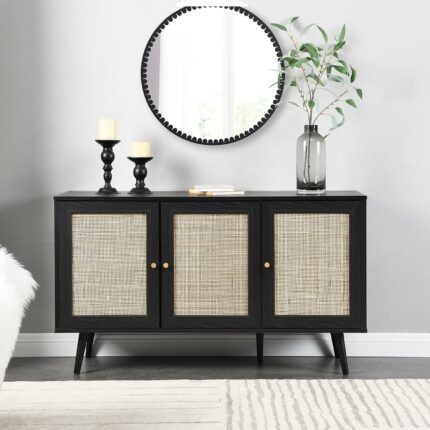 Black Rattan 3-Door Sideboard – Hand-Woven Cane Elegance