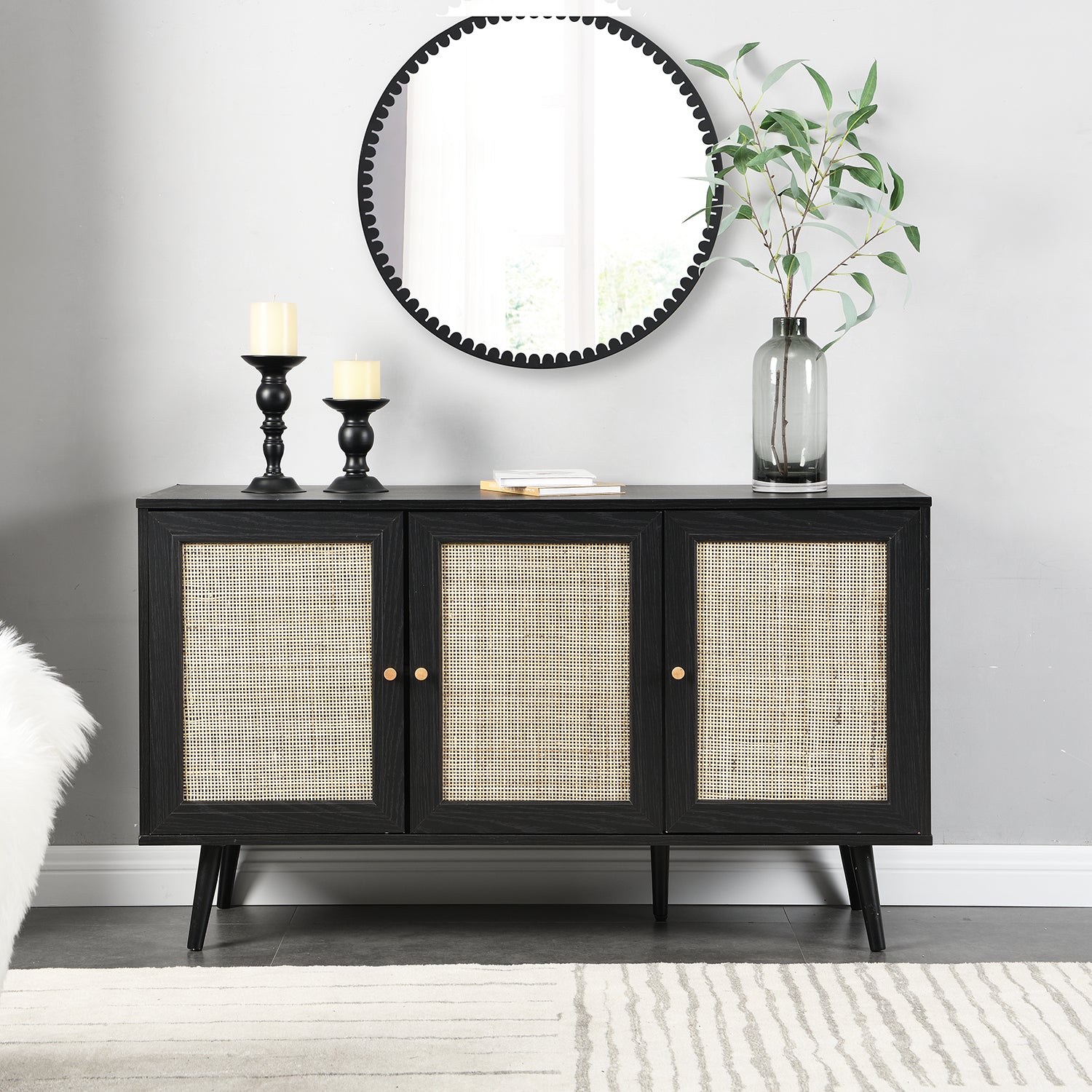 FT-SB-001-BLACK_scene1 Black Rattan 3-Door Sideboard – Hand-Woven Cane Elegance - Image 1
