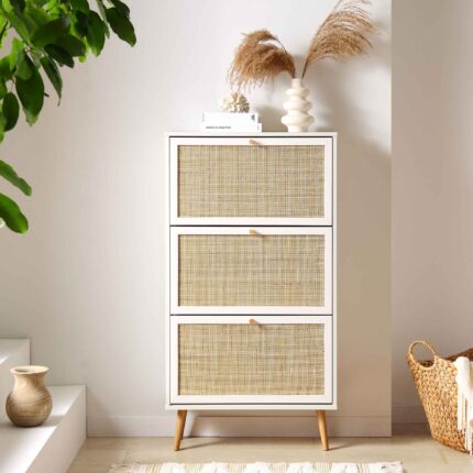 Rattan 3-Tier Shoe Storage Bar Cabinet in White Finish