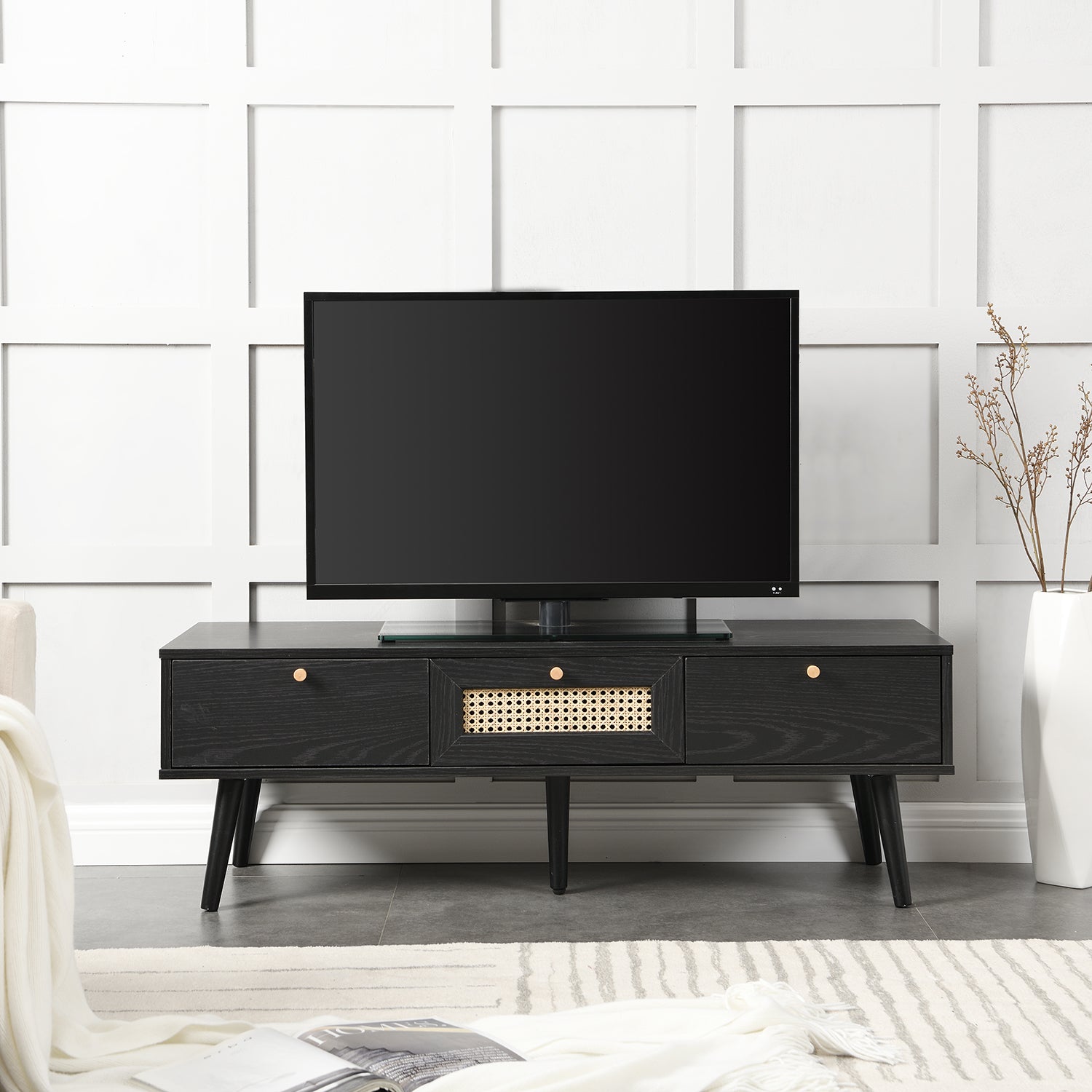 FT-TV-001-BLACK_main Rattan 3-Drawer TV Unit – Matte Black Finish - Image 1