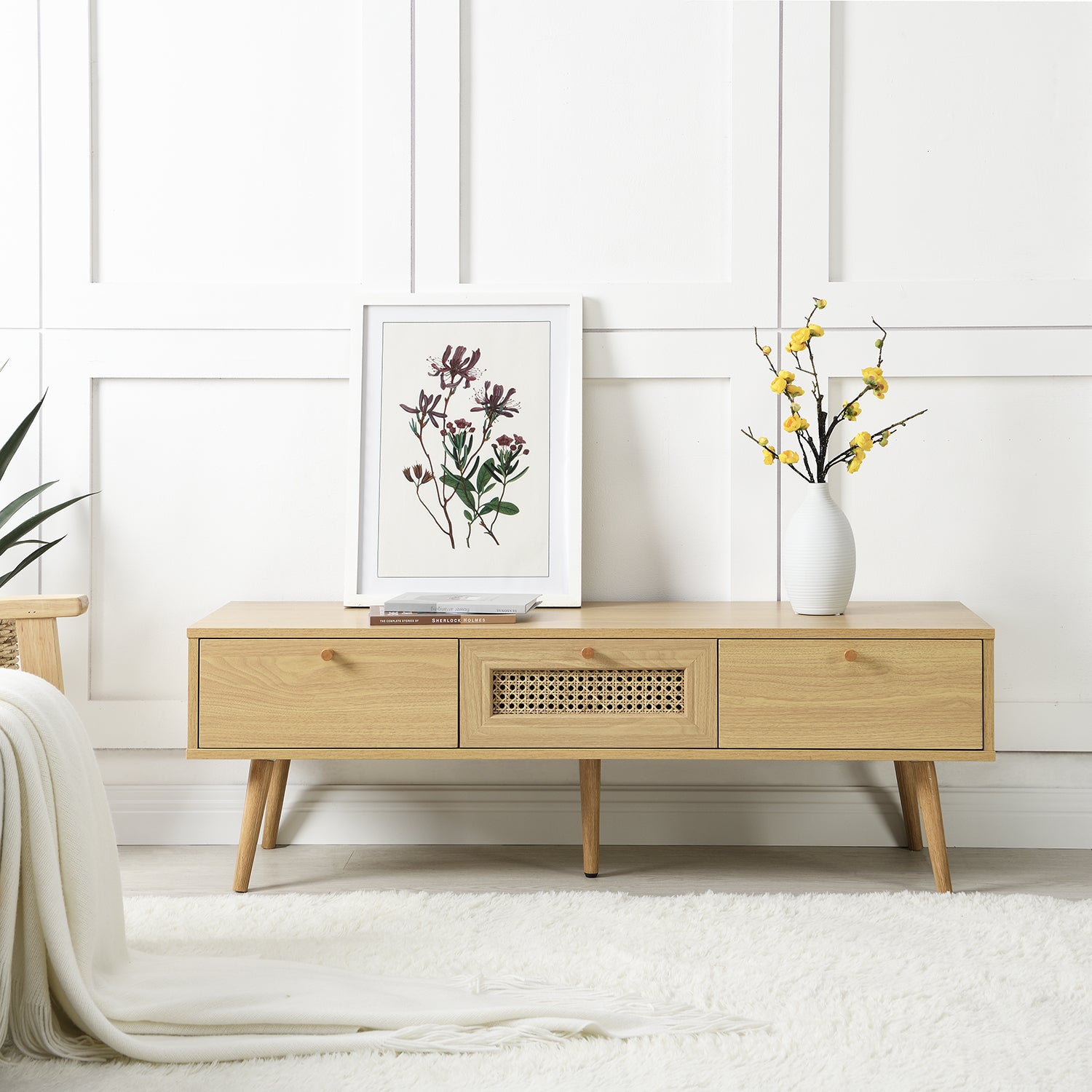 FT-TV-001-NATURAL_main Rattan 3-Drawer TV Unit – Natural Wood Finish - Image 1
