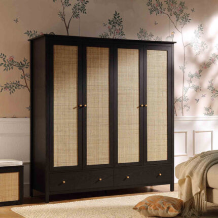 Rattan 4-Door Wardrobe with 2 Drawers, Black