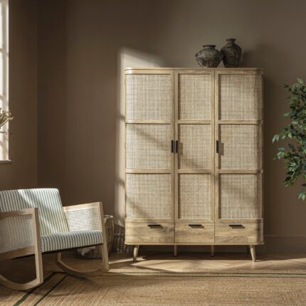 Curved Rattan Triple Wardrobe, Natural