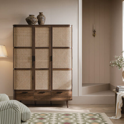 Curved Rattan Triple Wardrobe, Walnut