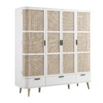 Curved Rattan 4-Door Wardrobe, White - Image 3