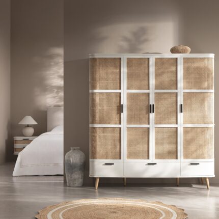Curved Rattan 4-Door Wardrobe, White