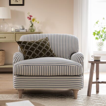 Blue Striped Linen-Blend 1-Seater Sofa – Stylish Single Seater for Modern Homes