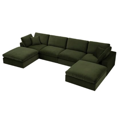VelvetVerde 6-Piece Modular U-Shape Sofa Set in Deep Green Velvet