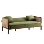 Walnut Frame Cane Sofa Bed with Moss Green Velvet Upholstery for Elegant Indian Homes - Image 10