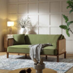 Walnut Frame Cane Sofa Bed with Moss Green Velvet Upholstery for Elegant Indian Homes - Image 6