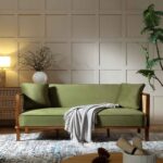 Walnut Frame Cane Sofa Bed with Moss Green Velvet Upholstery for Elegant Indian Homes